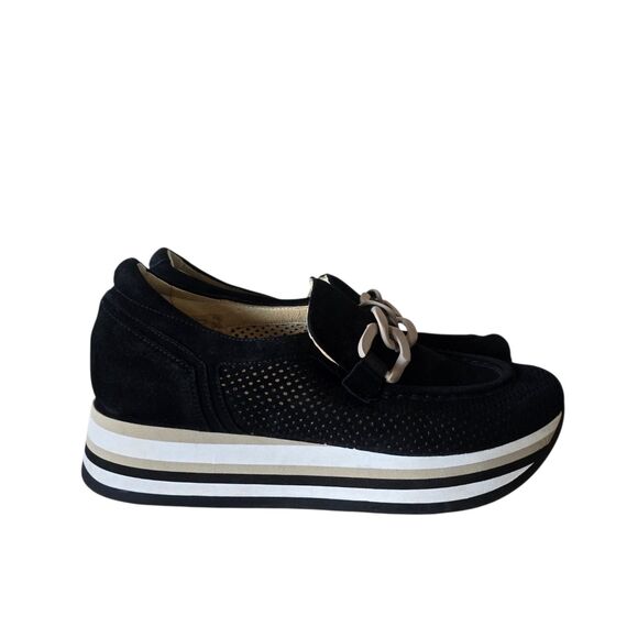 Softwaves Shoes - Softwaves Cadie Loafer Platform Sneaker Sz 40.5 US 10 Black Suede Leopard Chain